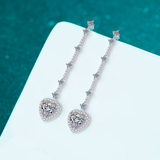 S925 sterling silver stud earrings women's long fringed love bag moissanite earrings, sweet earrings, suitable for daily wear