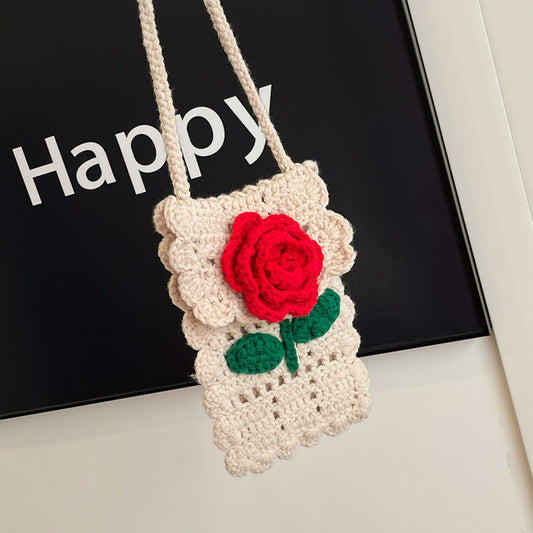Sweet Flower Ladies Shoulder Bag Finished Hand Crocheted Hollow Crossbody Bag Foreign Style Mini Lipstick Change Bag